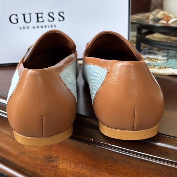 Brand New Guess Isaac Loafer Light Blue Denim Flats Neutral Tan Leather Trim - Picture 6 of 15
